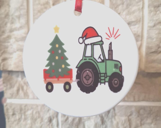Farming themed ceramic Christmas tree decoration with Tractor.