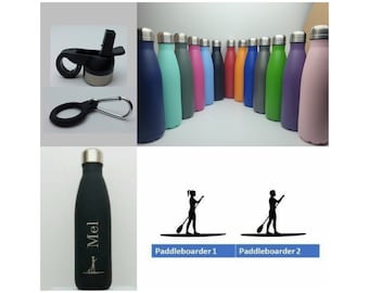 Paddleboarder Stainless Steel 500ml Water bottle personalised with a name and a paddleboarding themed design