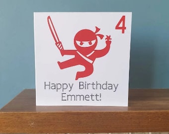 Personalised age greetings birthday card with ninja ,name and number. Ideal for children,