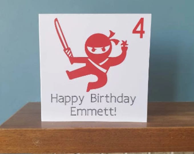 Personalised age greetings birthday card with ninja ,name and number. Ideal for children,