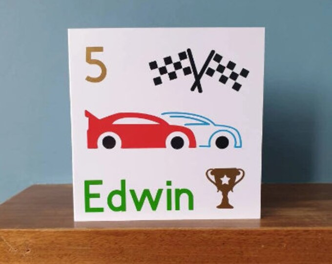 Personalised age greetings birthday card with racing car, cars, name and number. Ideal for children,