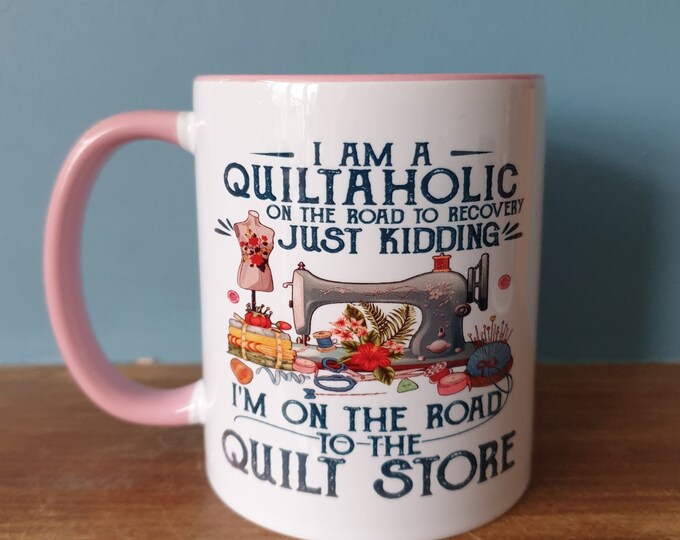 Quilt mug with funny quilting themed design