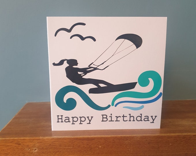 A handmade design kitesurfing, kitesurfer Birthday greetings card. Ideal for all sports lovers!