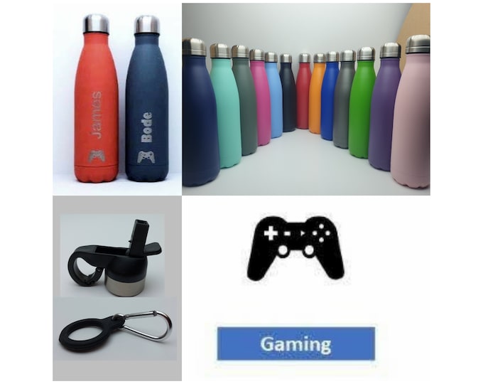 Gamer Stainless Steel 500ml Water bottle personalised with a name and a Gaming themed design