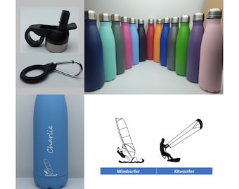Windsurfer / Kitesurfer Stainless Steel 500ml Water bottle personalised with a name and a Windsurfing / Kitesurfing themed design