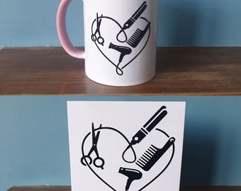 A lovely Hairdressers / Hairdressing themed mug with pink handle and pink inside and matching greetings card.