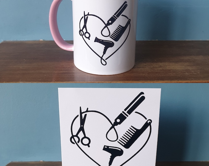 A lovely Hairdressers / Hairdressing themed mug with pink handle and pink inside and matching greetings card.