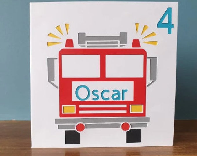 Fire engine, fire truck, fire man card personalised with name and number. Ideal for children