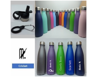 Cricket Stainless Steel 500ml Water bottle personalised with a name and a Cricket themed design