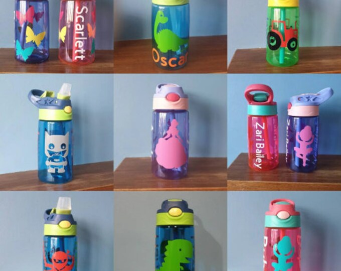Kids water bottle 480ml pop up spout water bottle with handle personalised with a vinyl name and design.