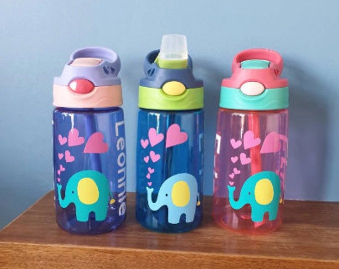 Kids 480ml drinks bottle with popup spout, handle ,and personalised with an Elephant and hearts design