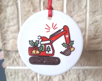 construction themed ceramic Christmas tree decoration with excavator.