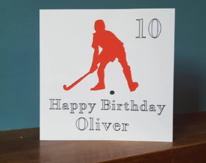 Personalised Hockey birthday card / greetings card with name and number. Ideal for all sports fans