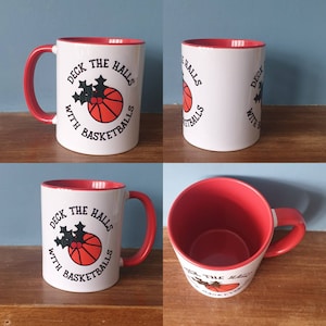 Basketball mug with lovely Christmas themed design. Deck the halls with Basketballs