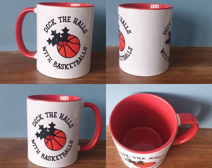 Basketball mug with lovely Christmas themed design. Deck the halls with Basketballs