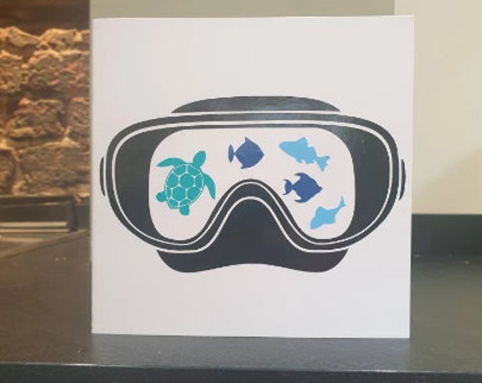 A handmade cut out design Diving / Scuba Diving / Diving mask Birthday / greetings card. Ideal for all sports lovers!
