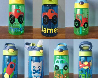 Kids 480ml drinks bottle with pop up spout, handle , and personalised with a name and design