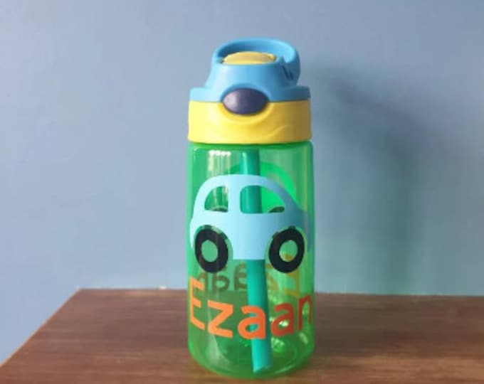 Kids water bottle 480ml leak proof pop up spout water bottle with handle personalised with a vinyl name and car design. BPA free.