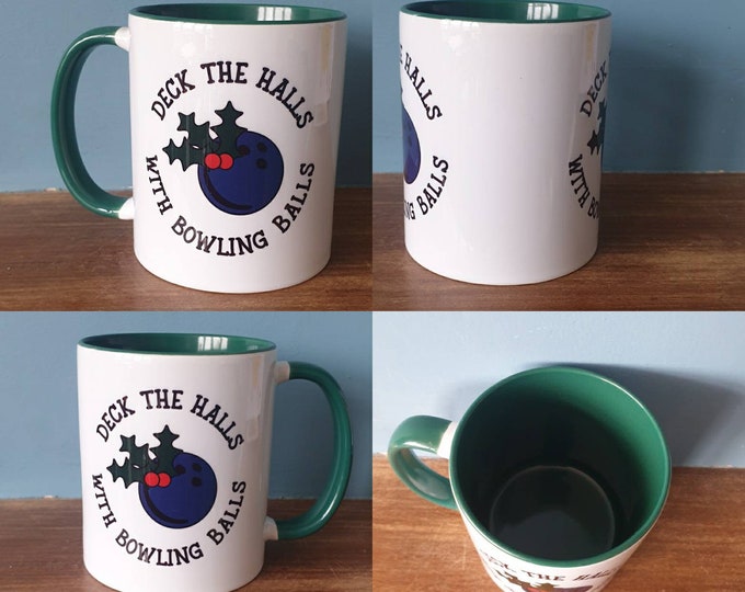 Bowling mug with lovely Christmas themed design. Deck the halls with Bowling balls