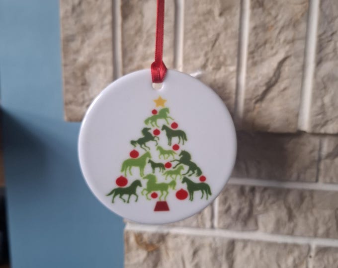 Horse riding ceramic tree decoration with lovely Horse themed design.
