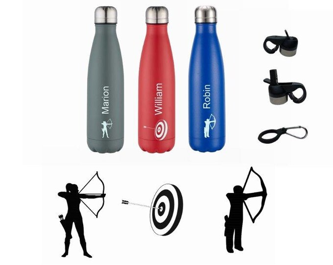 Archery Stainless Steel 500ml Water bottle personalised with a name and an archery design.