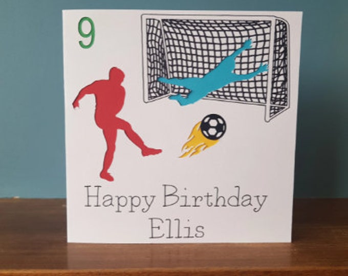 Personalised age greetings birthday card with football theme and name and number. Ideal football fans