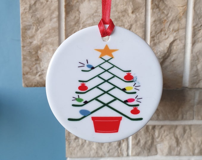 Hockey sticks themed ceramic Christmas tree decoration