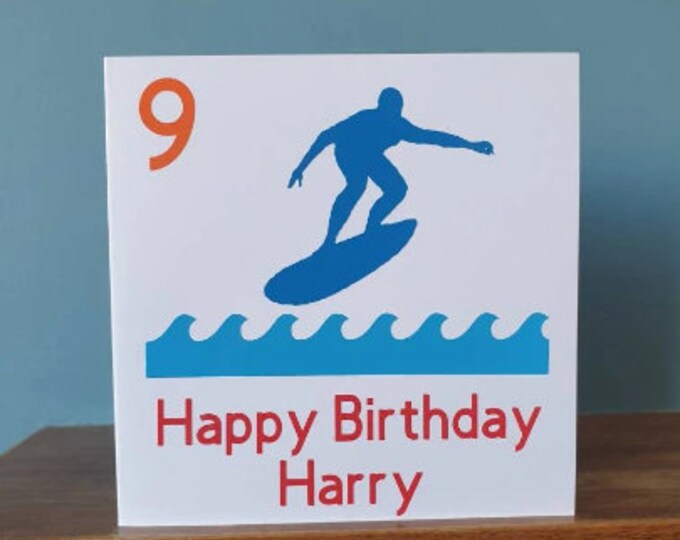 Personalised Surfing birthday card / greetings card with name and number. Ideal for sports lovers