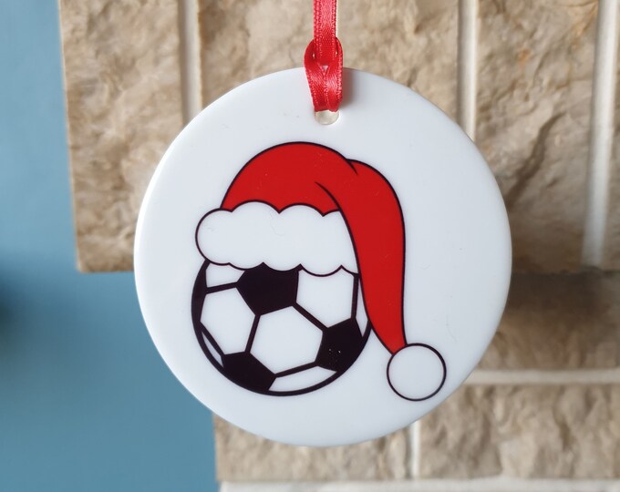 Football with Christmas hat ceramic Christmas tree decoration