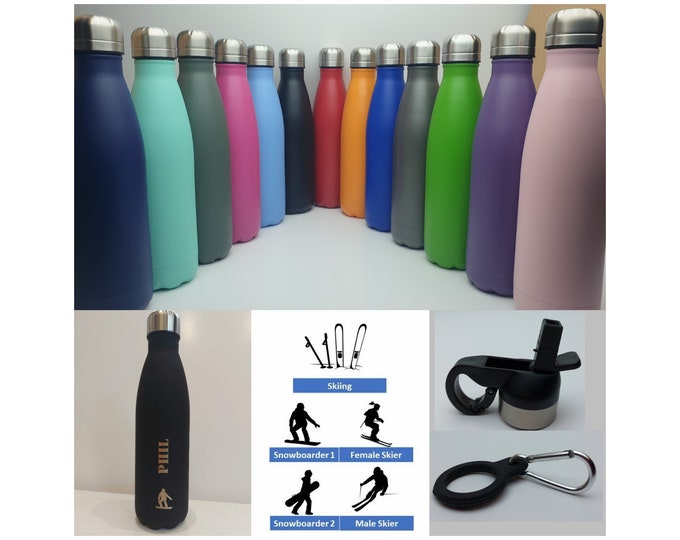 Skier, Snowboarder Stainless Steel 500ml Water bottle personalised with a name and a Skiing,Snowboarding themed design