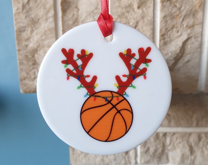 Basketball with antlers and Christmas lights ceramic Christmas tree decoration