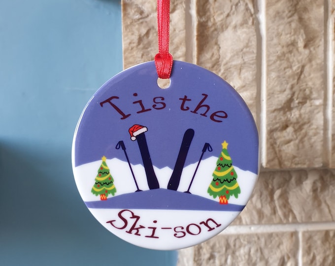 Skiing Christmas tree decoration with lovely 'Tis the ski-son' Christmas design