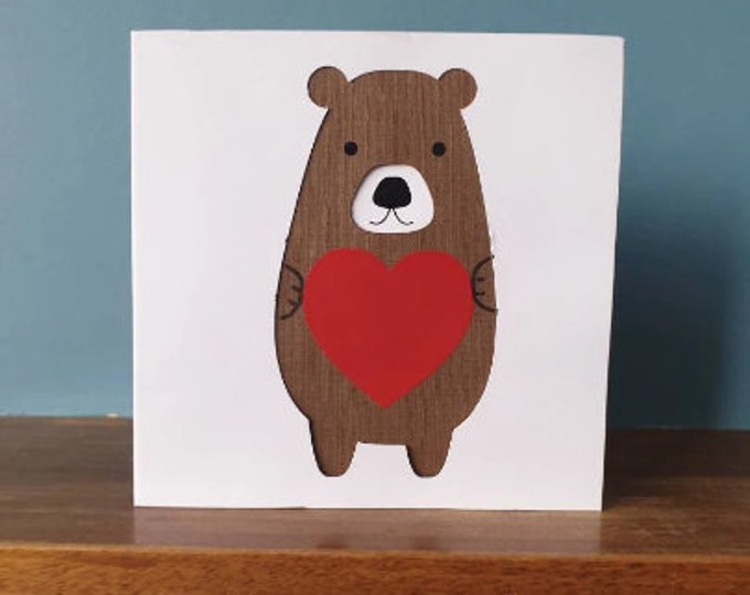 Valentines day, Mothers day, Anniversary, Fathers day handmade cut out greetings card with bear hug design.