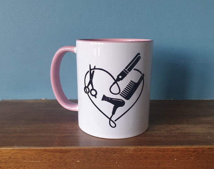 A lovely Hairdressers / Hairdressing themed mug with pink handle and pink inside