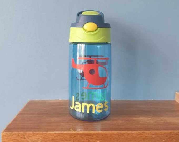 Helicopter Kids 480ml pop up spout water bottle with handle personalised with a vinyl name and Helicopter design. BPA free.