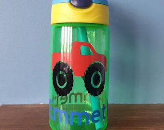 Kids water bottle 480ml leak proof pop up spout water bottle with handle personalised with a vinyl name and Monster Truck design.