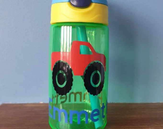 Kids water bottle 480ml leak proof pop up spout water bottle with handle personalised with a vinyl name and Monster Truck design. BPA free.