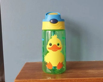 Kids 480ml pop up spout water bottle with handle personalised with a name and cute duck design in vinyl. BPA free.
