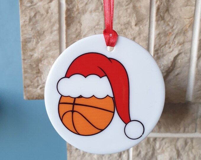 Basketball with Christmas hat ceramic Christmas tree decoration