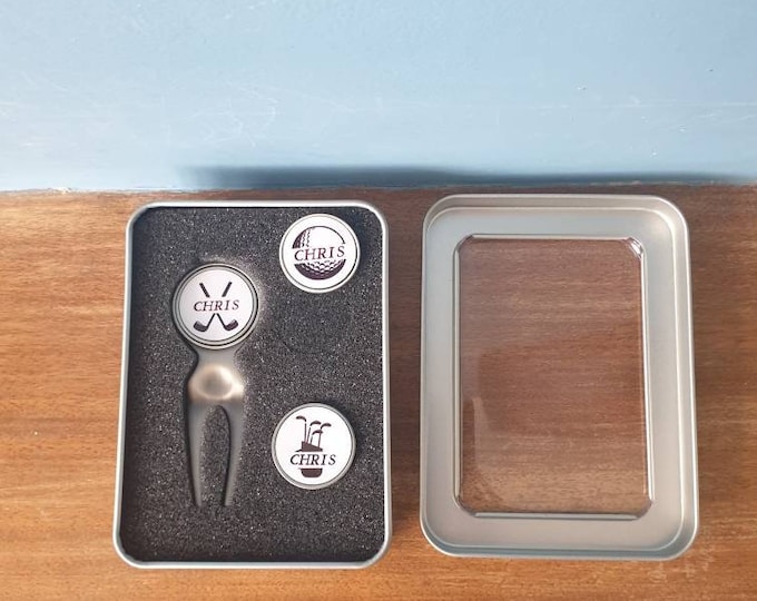 Personalised Golf Ball Markers Set in handy storage tin
