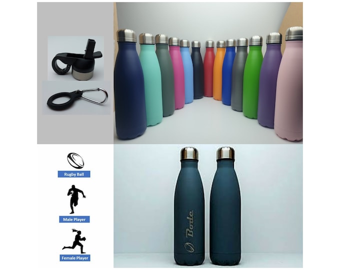 Rugby Stainless Steel 500ml Water bottle personalised with a name and a Rugby themed design