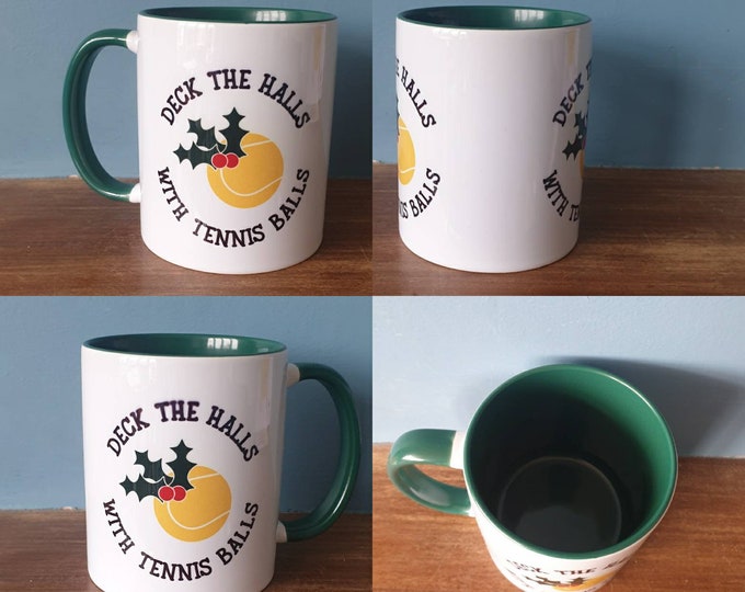 Tennis mug with lovely Christmas themed design. Deck the halls with Tennis balls
