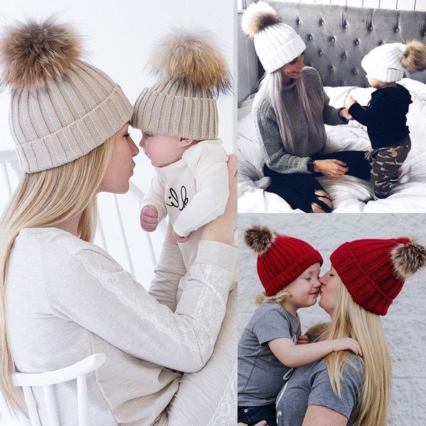 Vrai bonnet en fourrure Pom Pom, bonnet maman et moi, chapeau tricoté, bonnet bébé, unisexe, chapeau femme, bébé hiver, chapeau neutre, bonnet toque, chapeau enfant