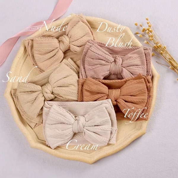 Baby strik hoofdband dubbellaagse strik | Tulband Hoofdband | Neutrale Kleur Top Knot Bow | Baby meisjes strikken