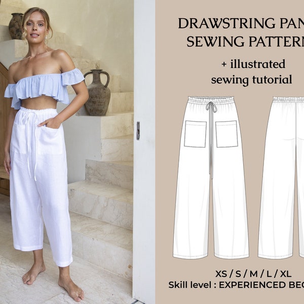 Pants PDF Sewing Pattern Woman / No Zipper Drawstring Waist Trousers Patterns / Instant Download Tutorial XS thru XL