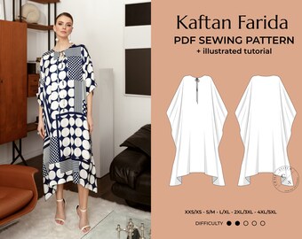 Kaftan naaipatroon PDF, avondkaftan DIY-tutorial, plus size luxe jurk digitaal E-patroon voor bruiloftsgast XXS-5XL