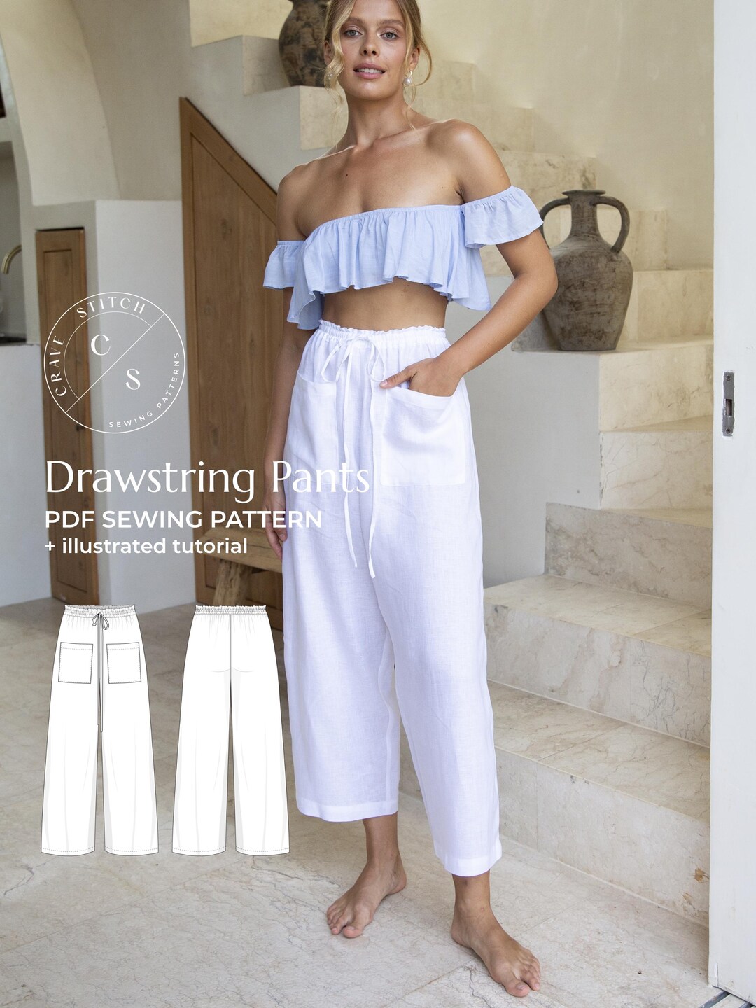 Pants PDF Sewing Pattern Woman / No Zipper Drawstring Waist Trousers ...