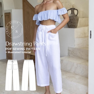 Pants PDF Sewing Pattern Woman / No Zipper Drawstring Waist Trousers Patterns / Instant Download Tutorial XS thru XL