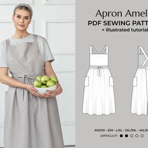 Apron Pattern PDF For Women, Instant Download Easy Pinafore Sewing Tutorial, 5 Sizes Digital E-Pattern (XXS-5XL)