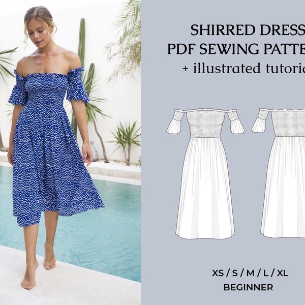 Shirred Dress PDF Sewing Pattern / Midi Strapless Dress / Beginner Friendly Instant Download Tutorial A0, A4/US Letter